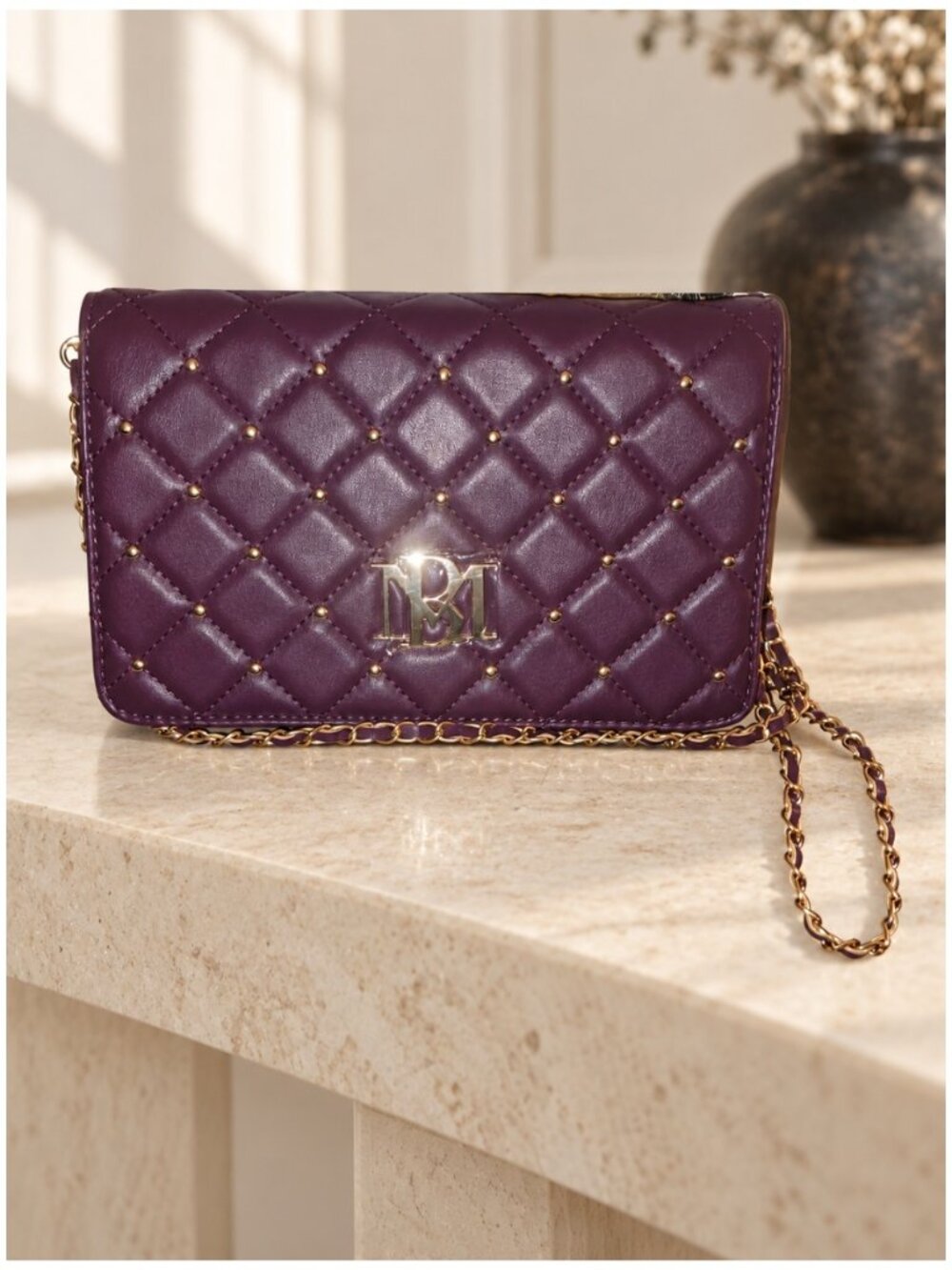 Badgley Mischka BM-4158 Plum Big Diamond Quilted Studded Crossbody One Size NWT